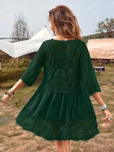 B2prity Women's Contrast Lace Bathing Suit Cover Up V-Neck Swimsuit Coverups Loose Swimwear Beach Dress Beachwear