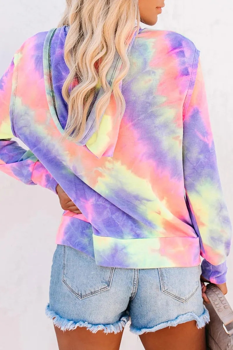 Hooded Collar Tie Dye Zipper Pocket Hoodies