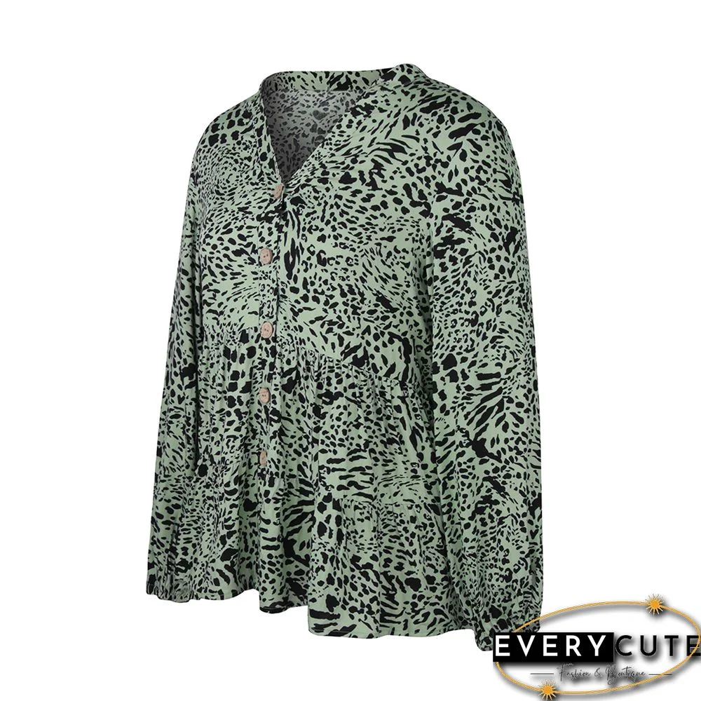 Original Design Green Floral Print V Neck Tunic Tops