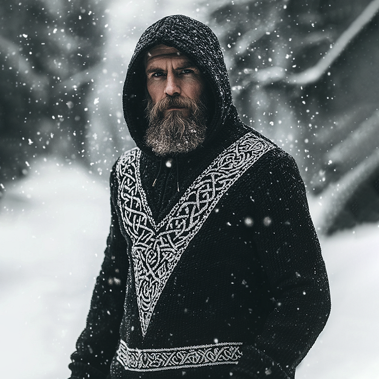 Men's Viking Tribal Celtic Contrast Patchwork Chunky Hooded Sweater