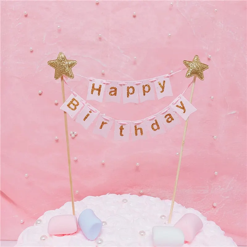1Set Happy Birthday Cake Toppers Banner Flag Baby Shower Birthday Party Cupcake Topper Kids Girl Boy Birthday Cake Decorations