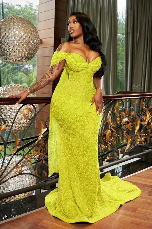 Off Shoulder V Neck Sequin Party Maxi Mermaid Dresses-Yellow [Pre Order]