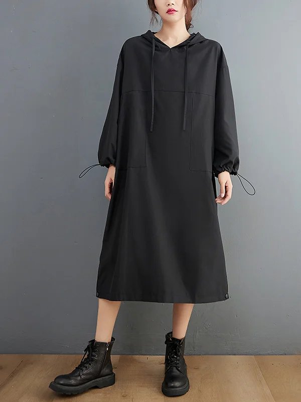 Casual Split-Side Solid Color Hooded Drawstring Long Sleeves Midi Dress