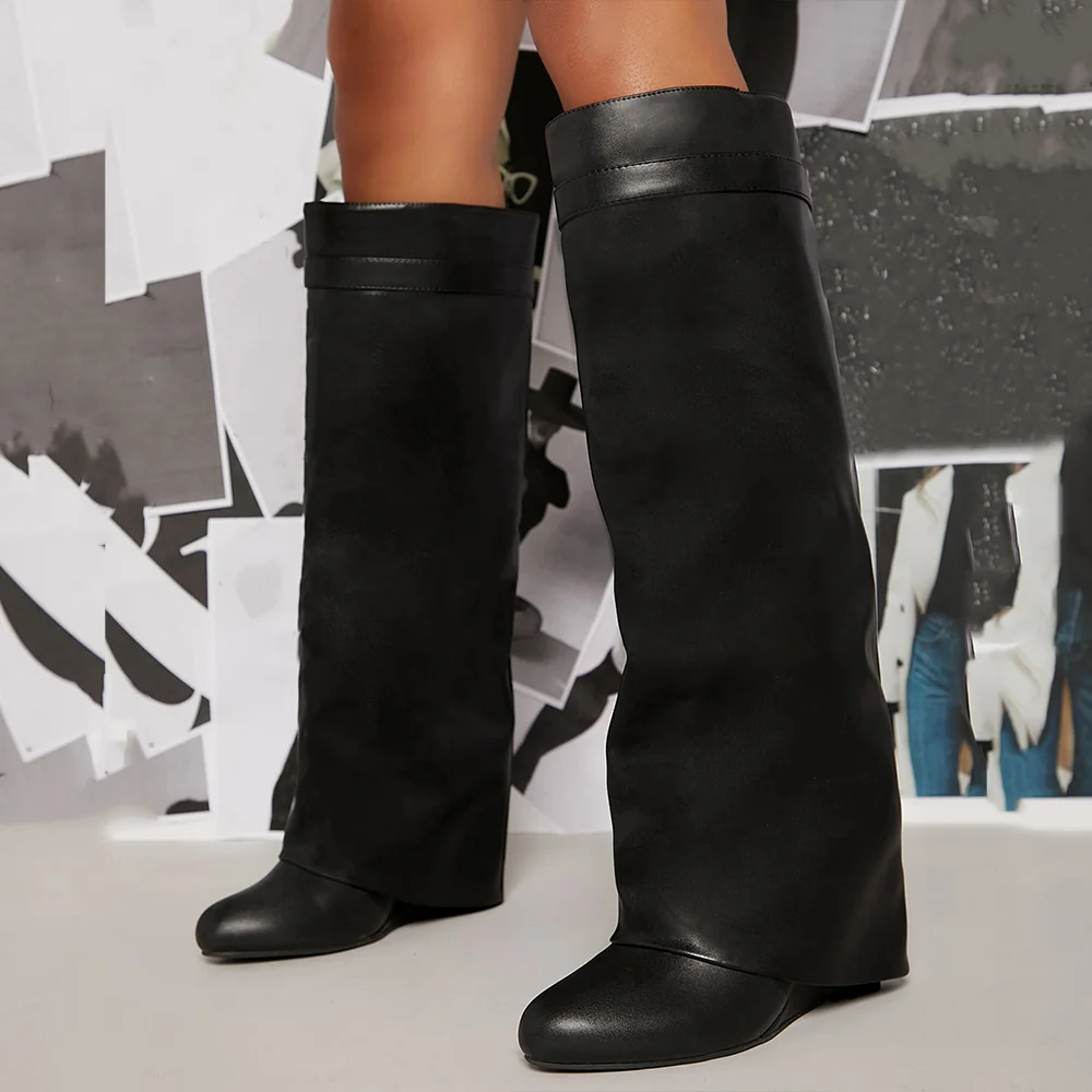 Black Round Toe Leather Knee High Boots