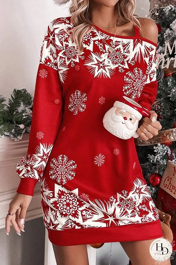 Christmas Snowflake Cold Shoulder Loose Sweatshirt Mini Dress