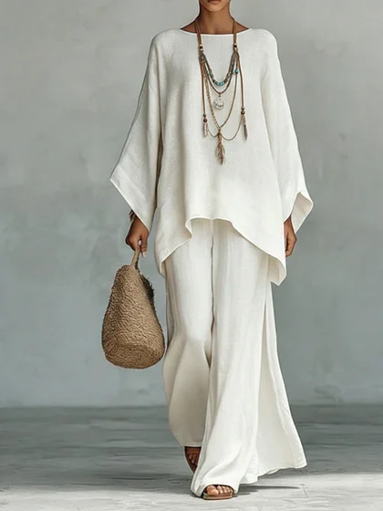 Women's Comfortable. Loose-fitting Linen And Cotton Top And Wide-leg Pants Two-piece Set.