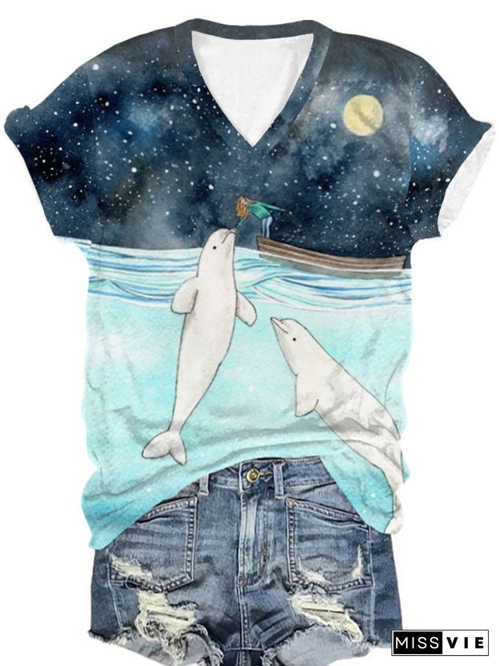 Women's Girls and Whale Print V-Neck T-Shirt
