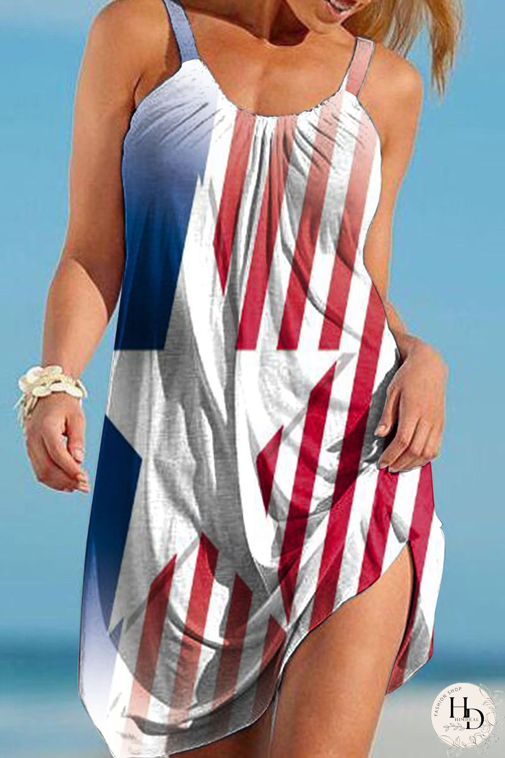 White Red Fashion Casual Print Basic O Neck Vest Dress