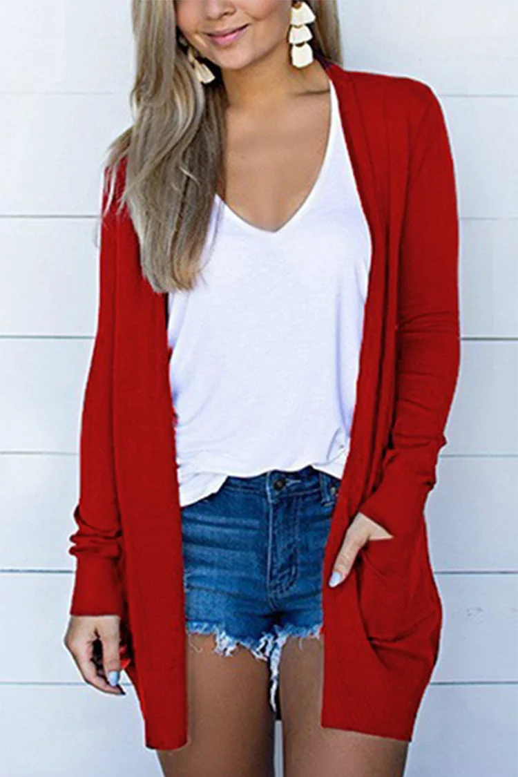 Solid Open Front Dual Pocket Cardigan