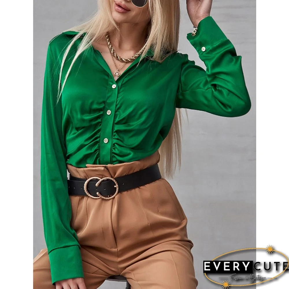 Green Pleated Button Long Sleeve Shirt