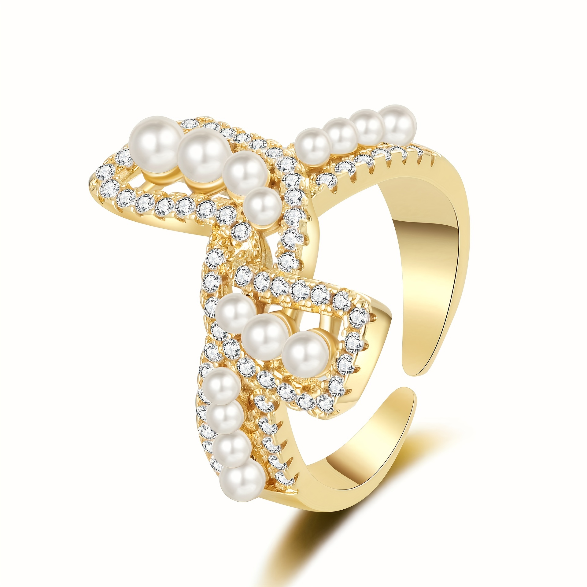 Vintage-Inspired Luxury Butterfly Bow Cuff Ring with Faux Pearl and Cubic zirconia Accents, Copper Base, Adjustable Open Ring for Women - Elegant Jewelry for Daily and Party Occasions