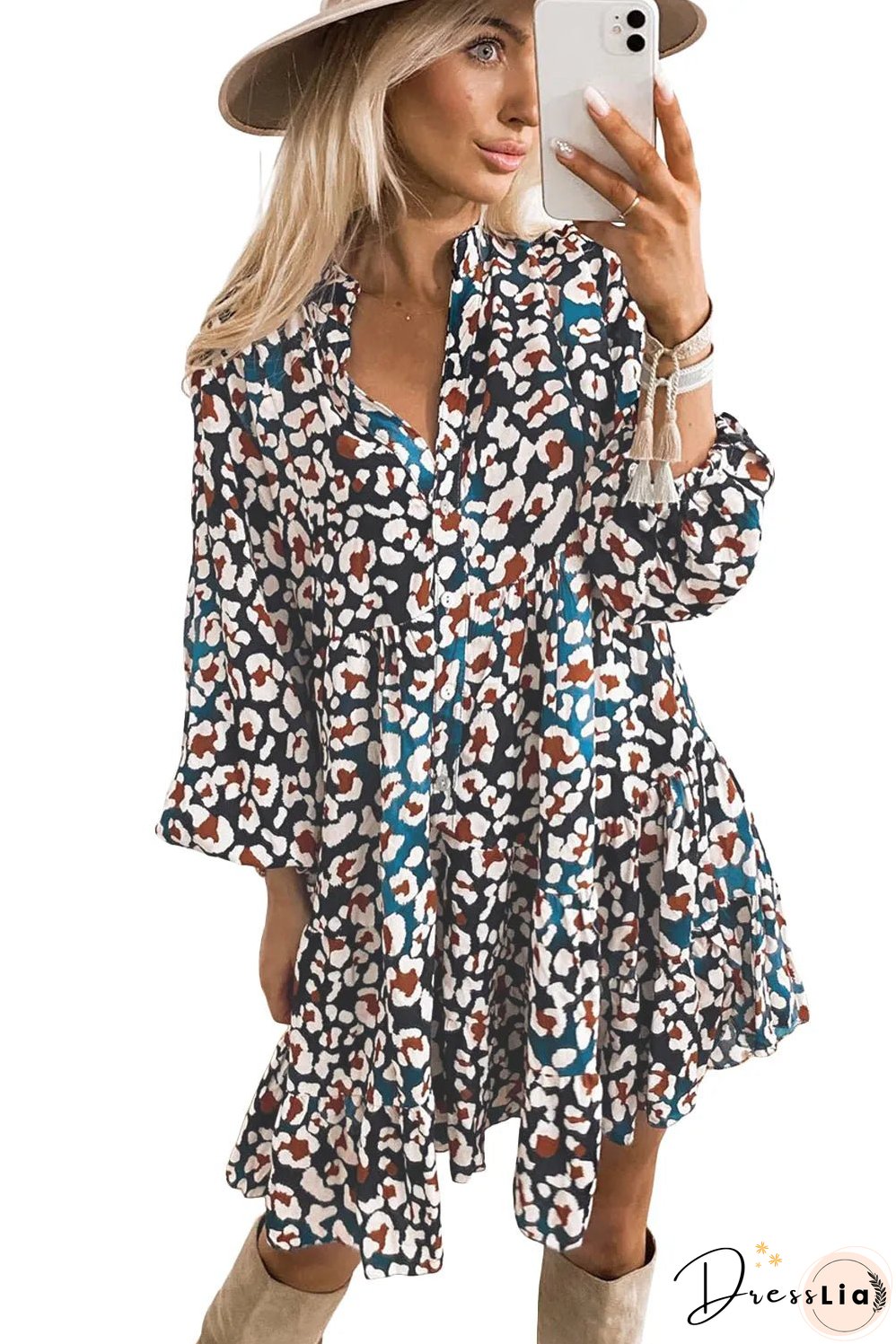 Blue Leopard Print Bubble Sleeve Ruffled Shirt Dress