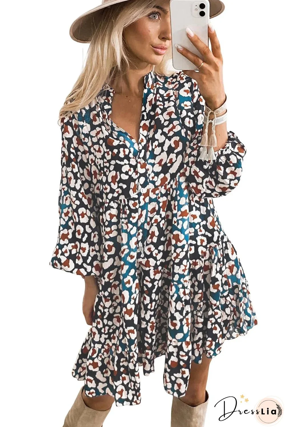 Blue Leopard Print Bubble Sleeve Ruffled Shirt Dress