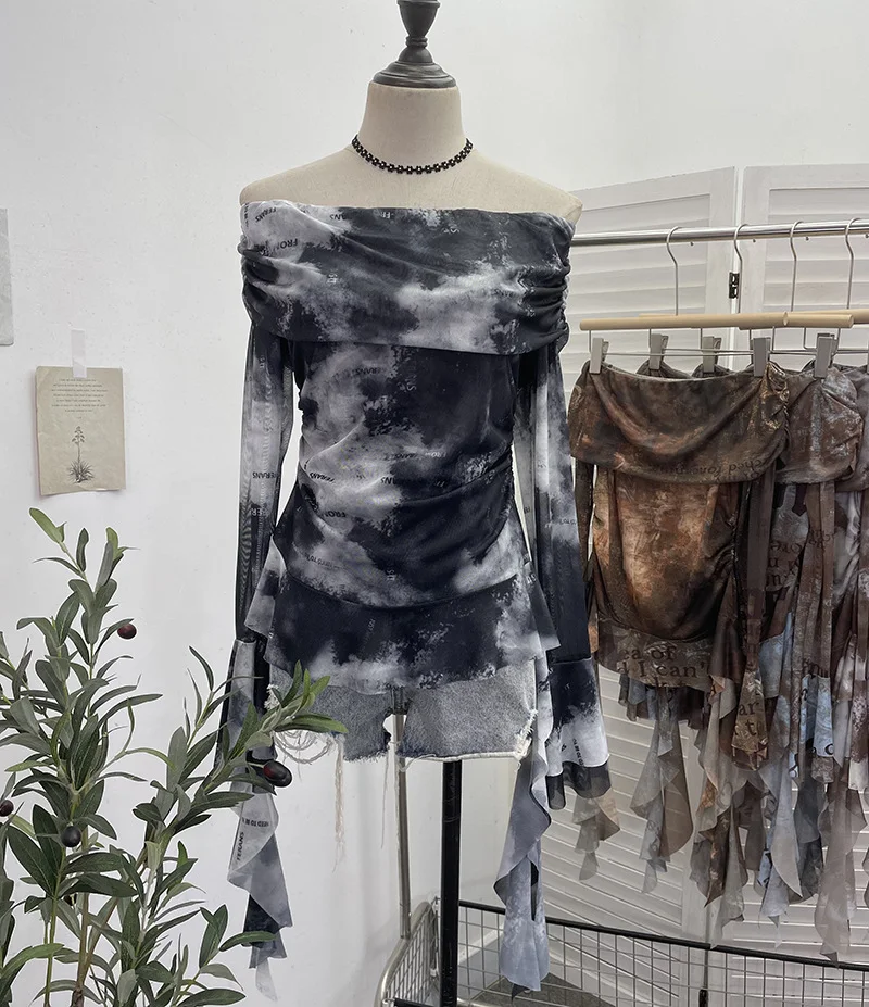 Uveng Real Shot Shoulder Strap Tie Dyed Net Shawl Shirt T-Shirt T-Shirt T-Shirt Design Folded Long-Sleeved T-Shirt 8003