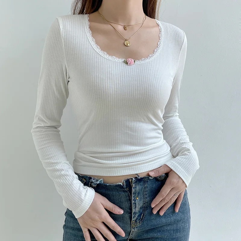 Huibahe Floral Lace Trim Crop Top White Knitted Slim O Neck Basic Casual T Shirt Women Chic Vintage Full Sleeve Harajuku Tee Autumn