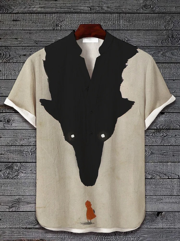 Men's Little Red Riding Hood Print Half Button Short Sleeve Shirt