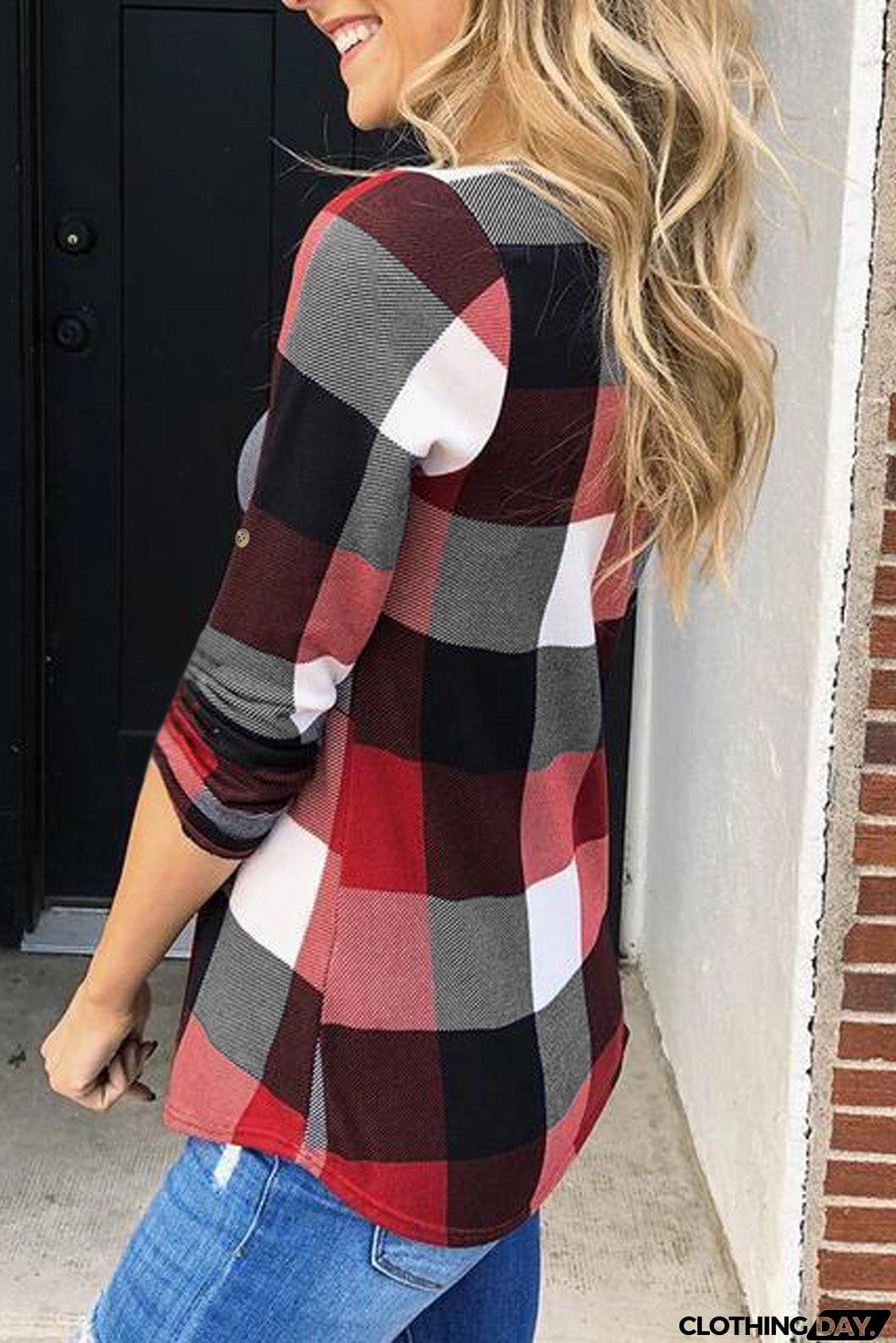 Contrast Plaid V Neck Long Sleeve Top