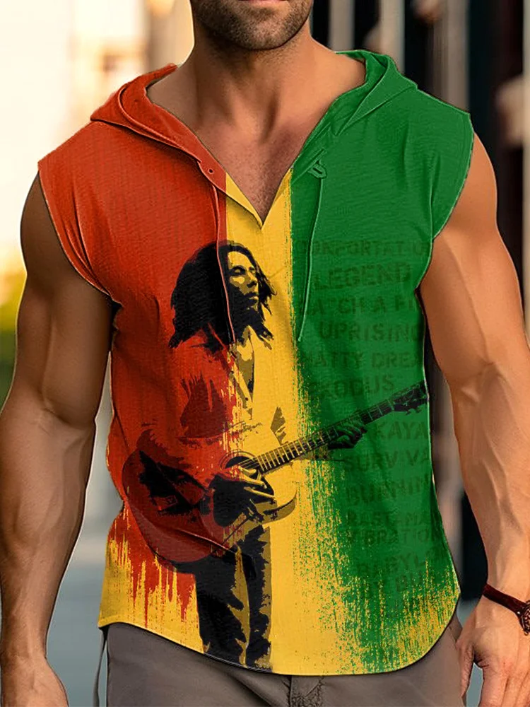 Wearshes Reggae Print Casual Cozy Sleeveless Hoodie