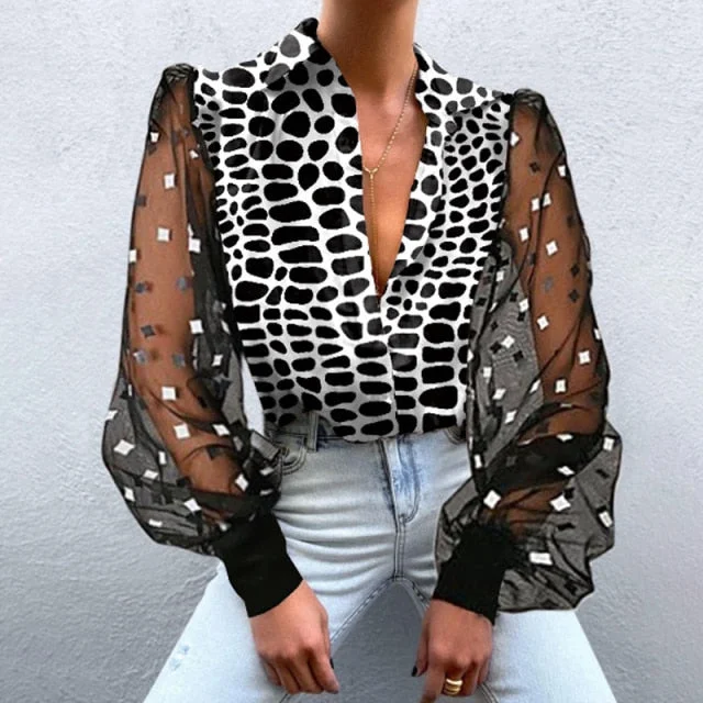 Sexy Blouse Lantern Sleeves V-neck Patchwork Shirt Casual Loose Lace Blouses Leopard-print Ladies Tops