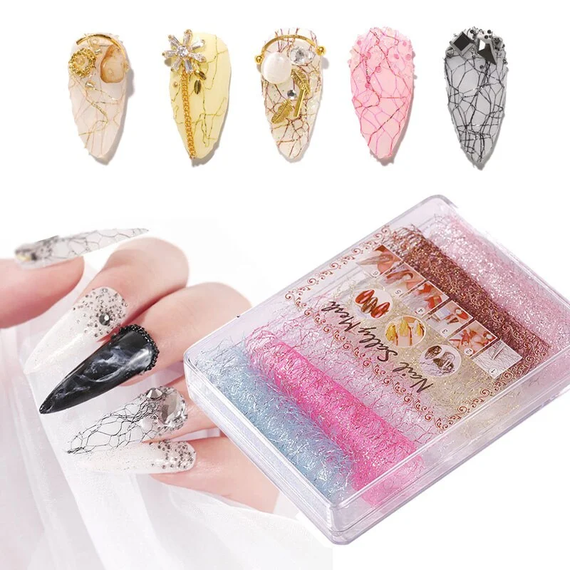 8 Colors 3D Mesh Nail Sticker Decal Delicate Brown Silver Gold Spider Net Line Slider On Nail Tape Nail Art Manicure