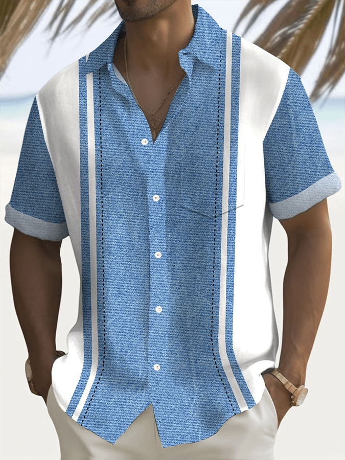 Men's Retro Textured Contrast Print Casual Shirt (With Pockets) 