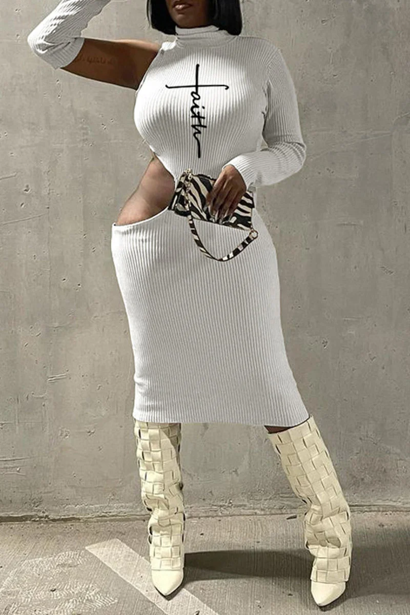 White Sexy Street Print Hollowed Out Patchwork Asymmetrical Turtleneck Pencil Skirt Dresses | EGEMISS
