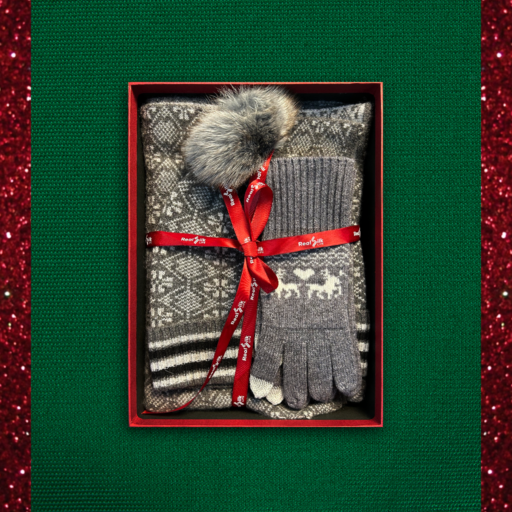 Christmas Gray Cashmere Beanie Scarf and Gloves Set- 3Pack REAL SILK LIFE