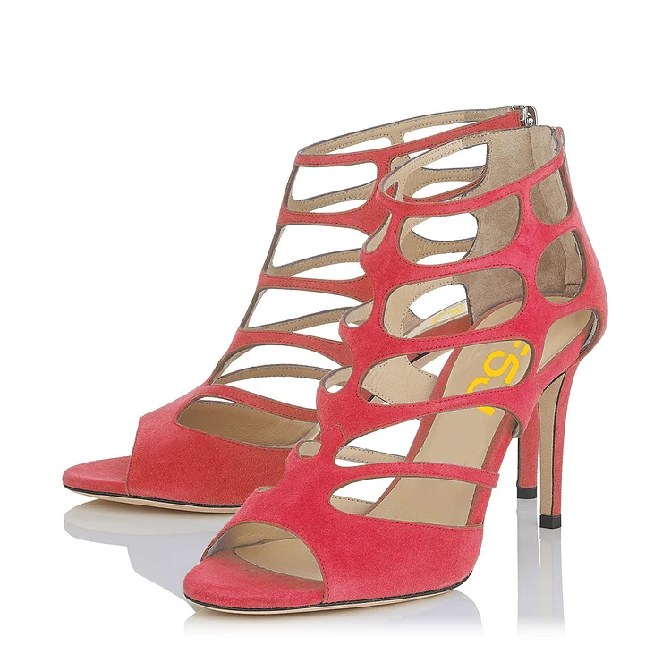 Hot Pink Peep Toe Heels Vegan Suede Cage Sandals Stiletto Heels |FSJ Shoes