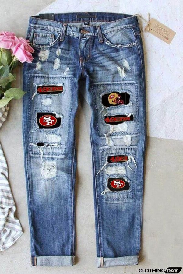 Distressed Printed Street Contrast Hip Hop Style Jeans