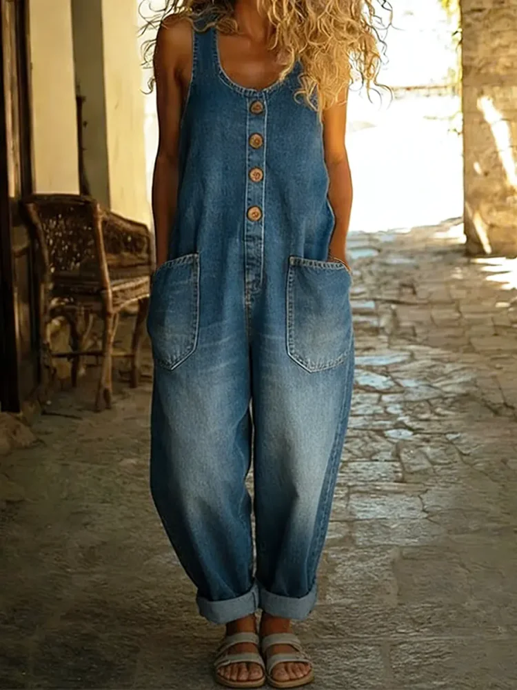 Women's Casual Cotton Vest And Denim Jumpsuit socialshop
