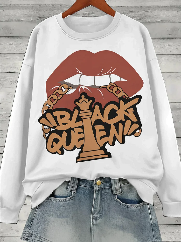 Women's Lip Black Queen Hip-hop Graphic Print Cotton Long Sleeve T-Shirt Thin Sweatshirt
