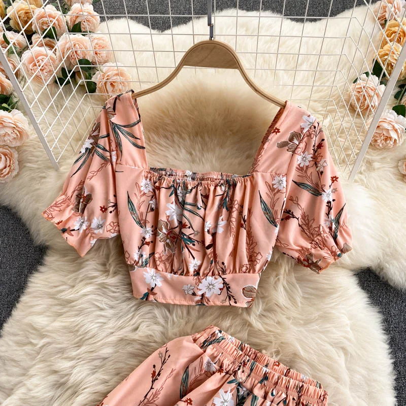 FTLZZ Summer Women Holiday Style Chiffon Printing Two Piece Set Short Shirt High Waist Wide Leg Pants Ladies Idyllic Style Sets