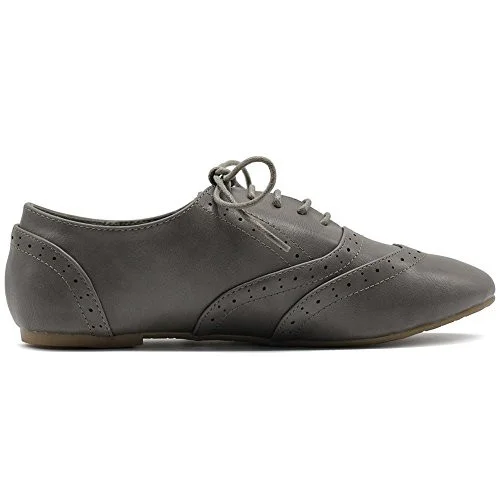 Grey Round Toe Wingtip Shoes Lace up Vintage Flat Women's Oxfords |FSJ Shoes