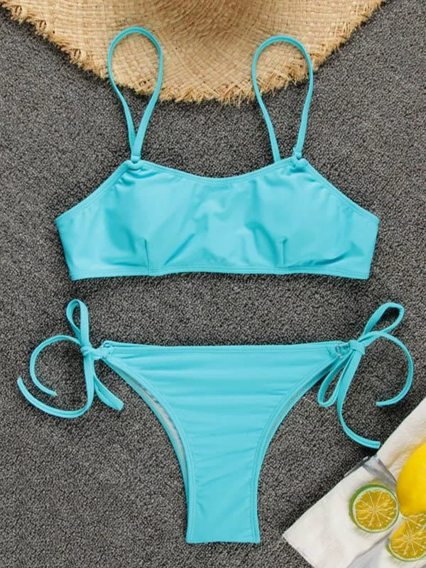 Solid Color Bandage Split Bikini Swimsuit