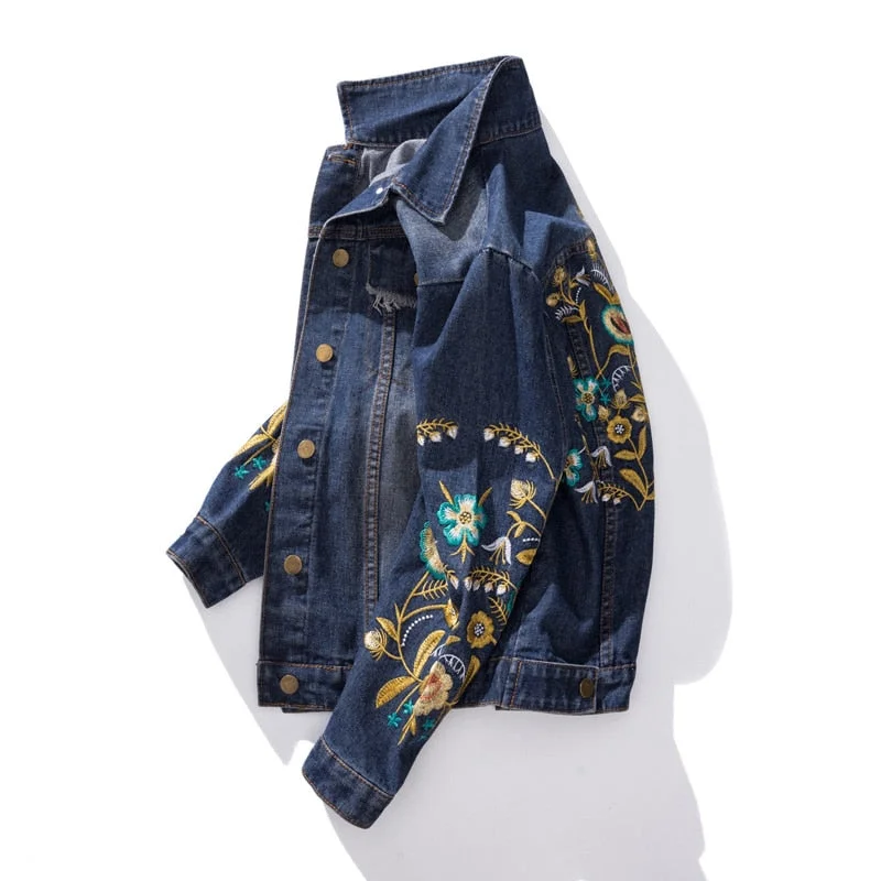 2021 New Women Denim Jacket Spring Streetwear Single Breasted Floral Embroidery Turn-down Collar Plus Size 3XL 4XL 5XL Lady Coat