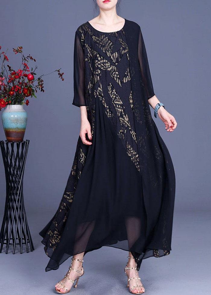 Modern Black Patchwork Asymmetrical Summer Silk Long Dress