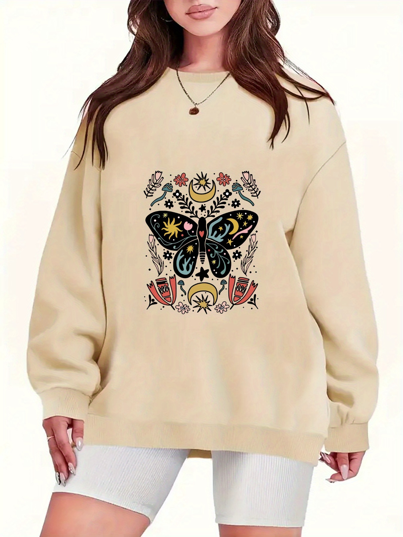 Women's Casual Loose-Fit Sweatshirt With Mystical Colorful Butterfly Print - Black, Floral & Celestial Design, Comfortable Polyester Pullover For Spring & Summer, Available In Pink, Burgundy, Gray, And Apricot, Summer Pullover | Celestial Motif Apparel | | IFYHOME