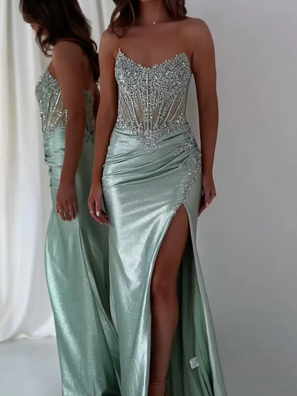 Sequinned Flower Mesh Splicing Tube spagehtii-neck Evening Satin Maxi Dresses