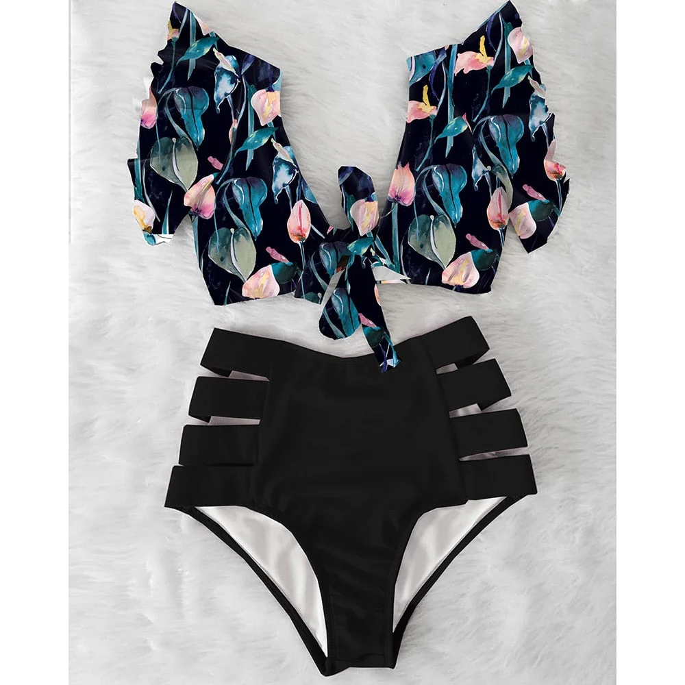 High Waist Ruffled Sexy Bikini Set 2022 Flounce Biquini Swimwear Women Two Pieces Swimsuit Floral Beachwear V-Neck Bathing Suit