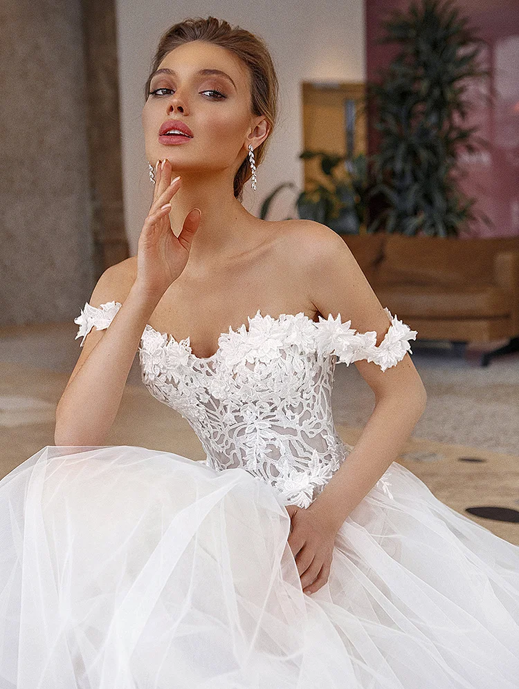 Off Shoulder Tulle Wedding Dress A Line Appliques Backless Women's Bridal Gowns