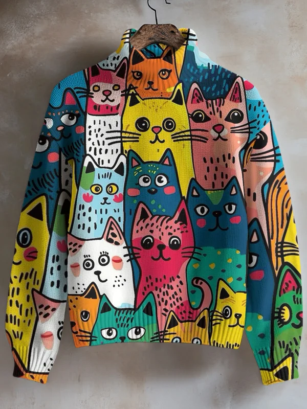 Women's Cartoon Cats All Over Print High Neck Knit Sweatshirt