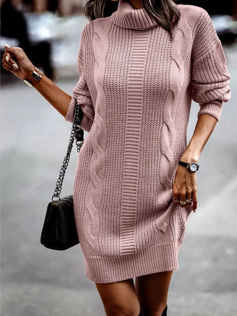 Toloer Toloer Autumn And Winter New Clean Color High Collar Long Sleeve Wrapped Hip Sweater Women's Dress-Outfit Ideas