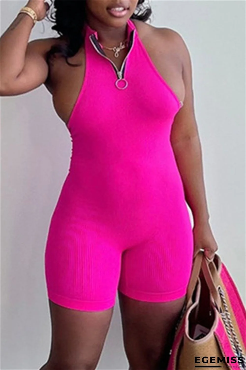 Rose Red Sexy Casual Solid Backless Halter Sleeveless Skinny Romper | EGEMISS