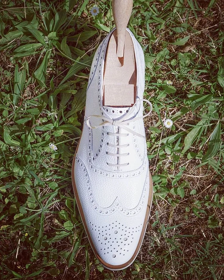 Men's White Wing Tip Brogue Lace-Up Leather Dress Shoes