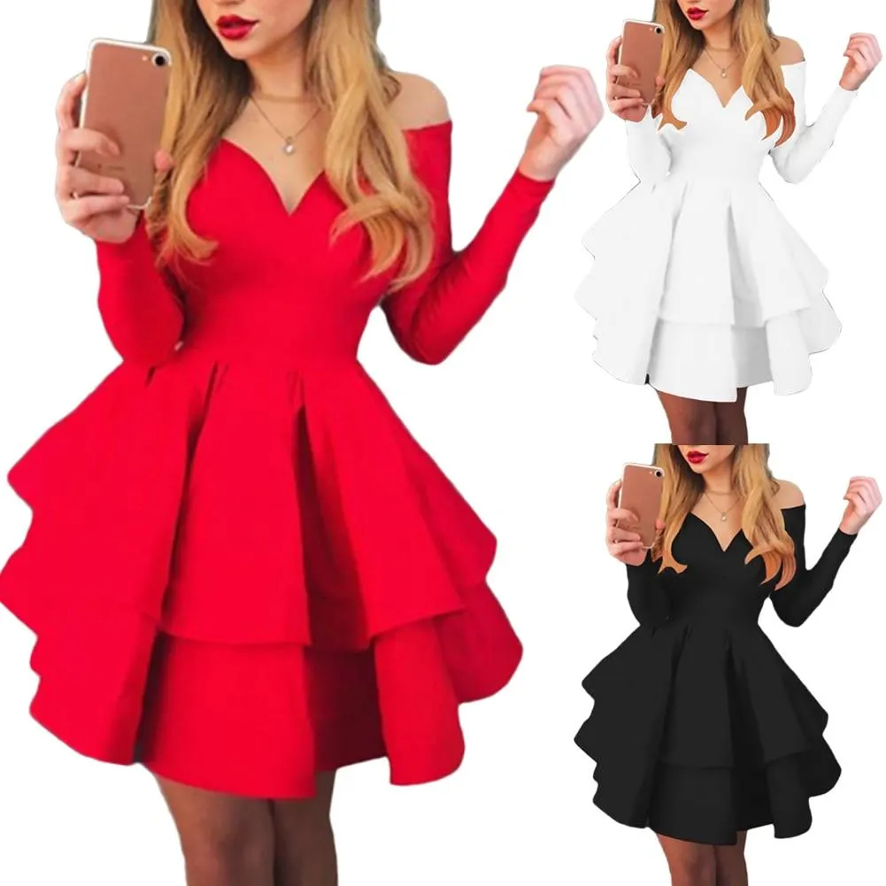 Elegant Women Long Sleeve V Neck Off Shoulder Large Swing Ruffled Hem Mini Dress Leaves Print Off Shoulder Flared Sleeve
