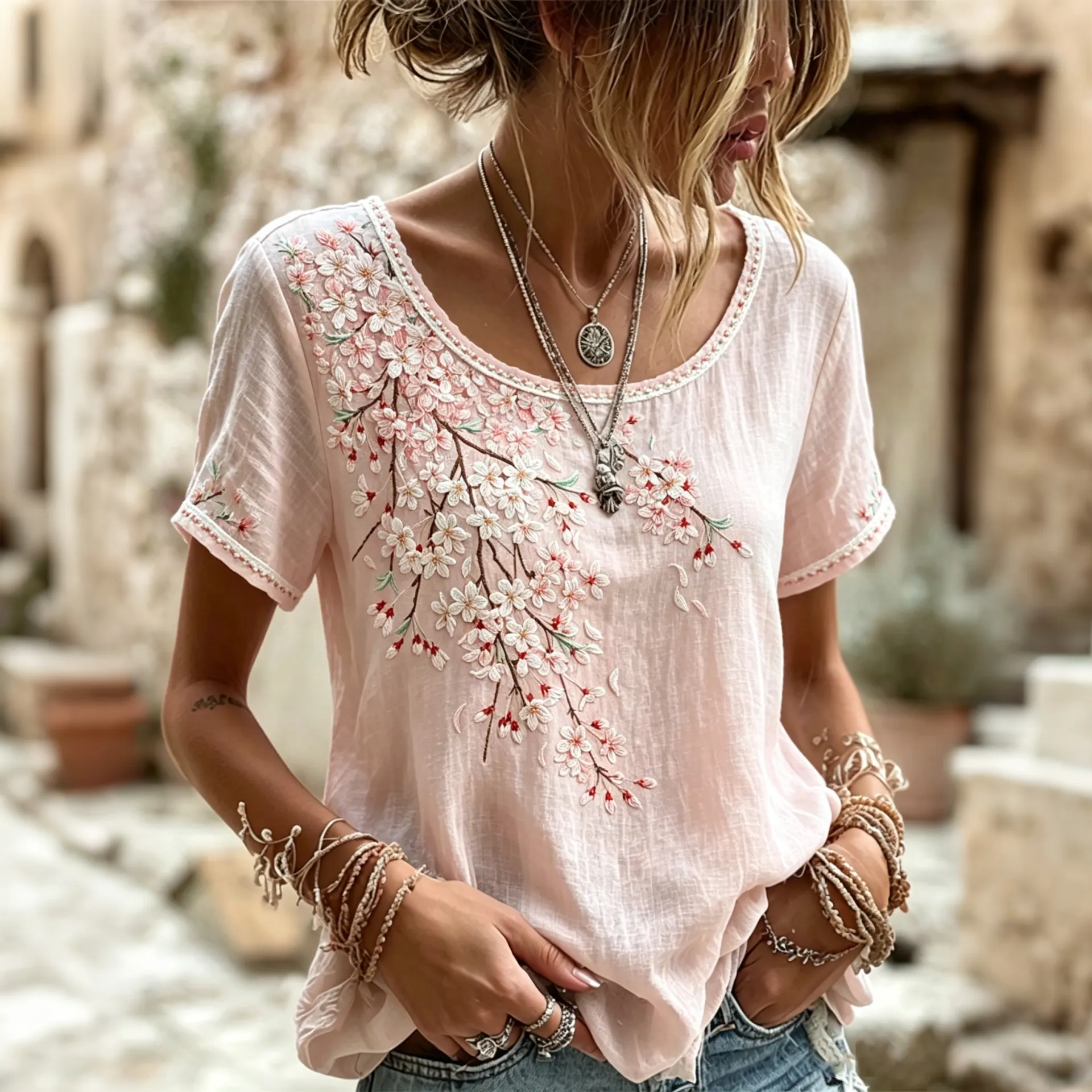 Comstylish Women's Vintage Cherry Blossoms Floral Art Flowy Linen Blend Casual Tops