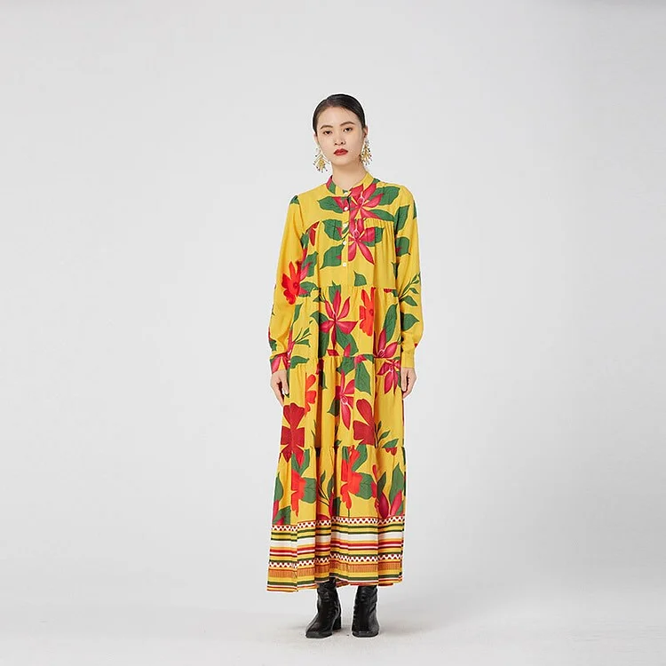 Elegant Half Stand Collar Pleated Flower Printed Long Sleeve Ankle-length Dress