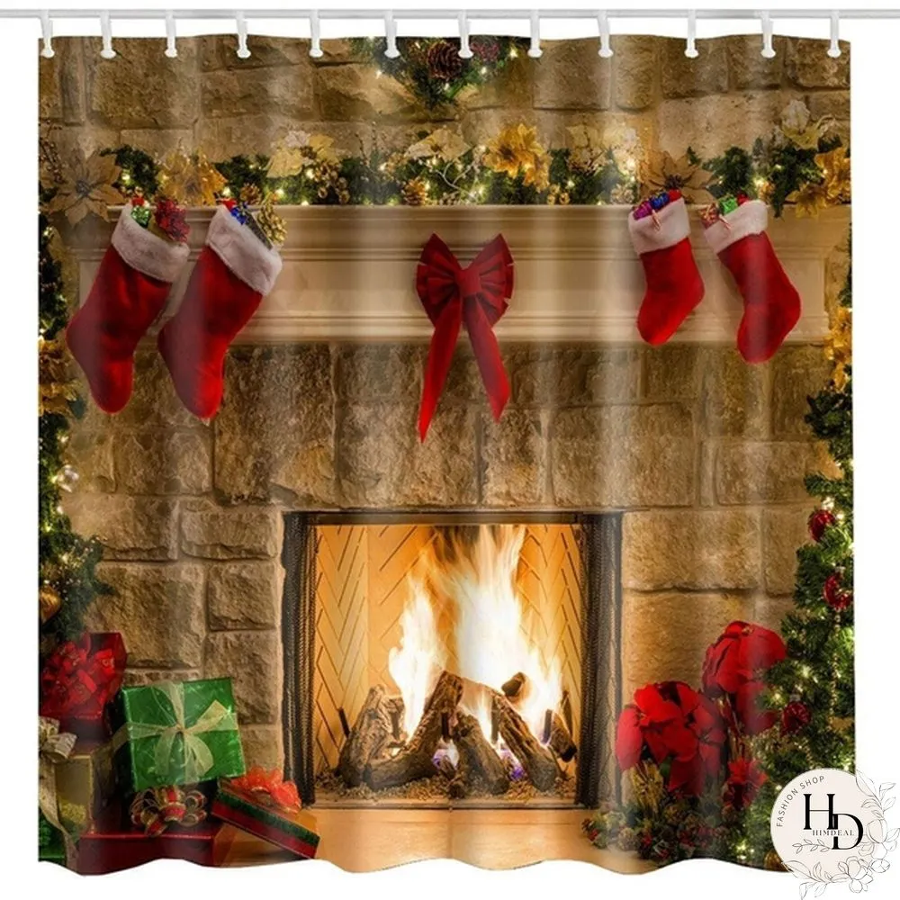 Watershed Christmas Shower Curtains Bath Mat Set Xmas Eve Fireplace Gifts Red Socks