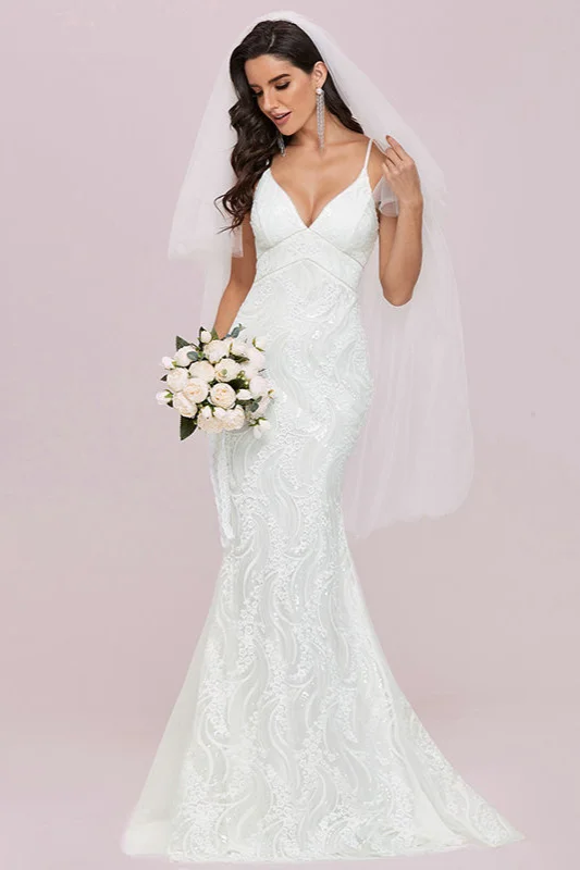 Chic V-neck Mermaid Wedding Dress With Lace Appliques - lulusllly