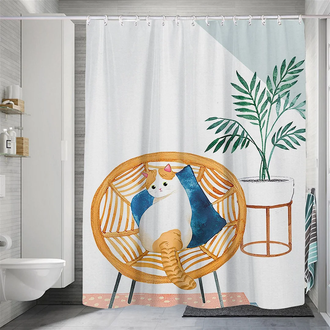 Modern Small Fresh Shower Flower Cat Shower Curtain Polyester Frabic Waterproof Polyester Bathroom Curtain with Hooks Home Decor